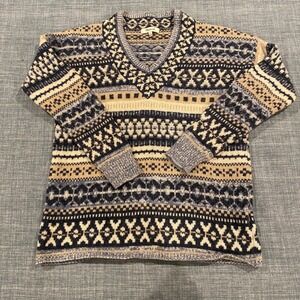 Madewell Fair Isle Geometric V Neck Sweater Women Size S CH Wool Blend Blue Tan